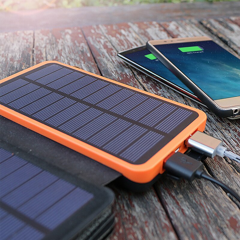 Banco de energía Solar plegable para teléfonos inteligentes, cargador Solar de 8000mAh con linterna, Panel Solar USB Dual