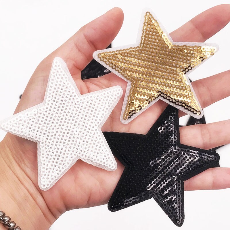 1 Uds. Parches de lentejuelas de Estrellas Negras para ropa, parches de hierro bordados, apliques DIY, accesorios de ropa, pegatinas de lentejuelas de costura