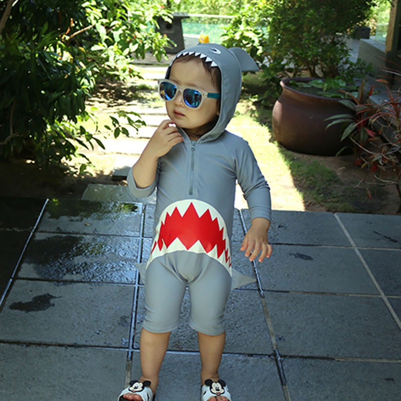 FashionOne Stuk Badpak Mode Jongens Meisjes Kids Lange Mouwen Cartoon Haai Hooded Strand Kinderen Badmode