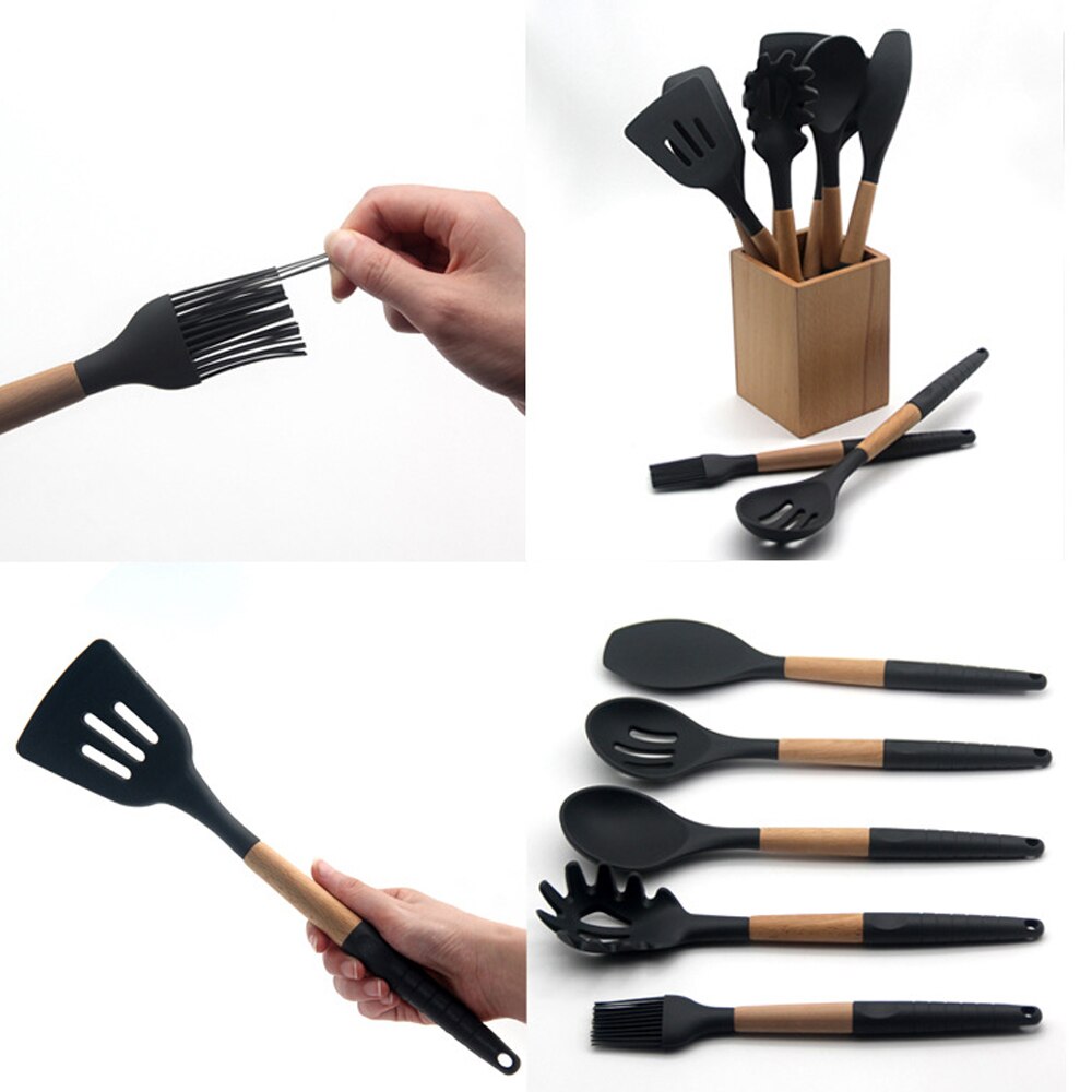 Boîte de rangement pour ustensiles de cuisine, cuillère à soupe en bois Silicone, spatule brosse, grattoir outils de cuisine noirs