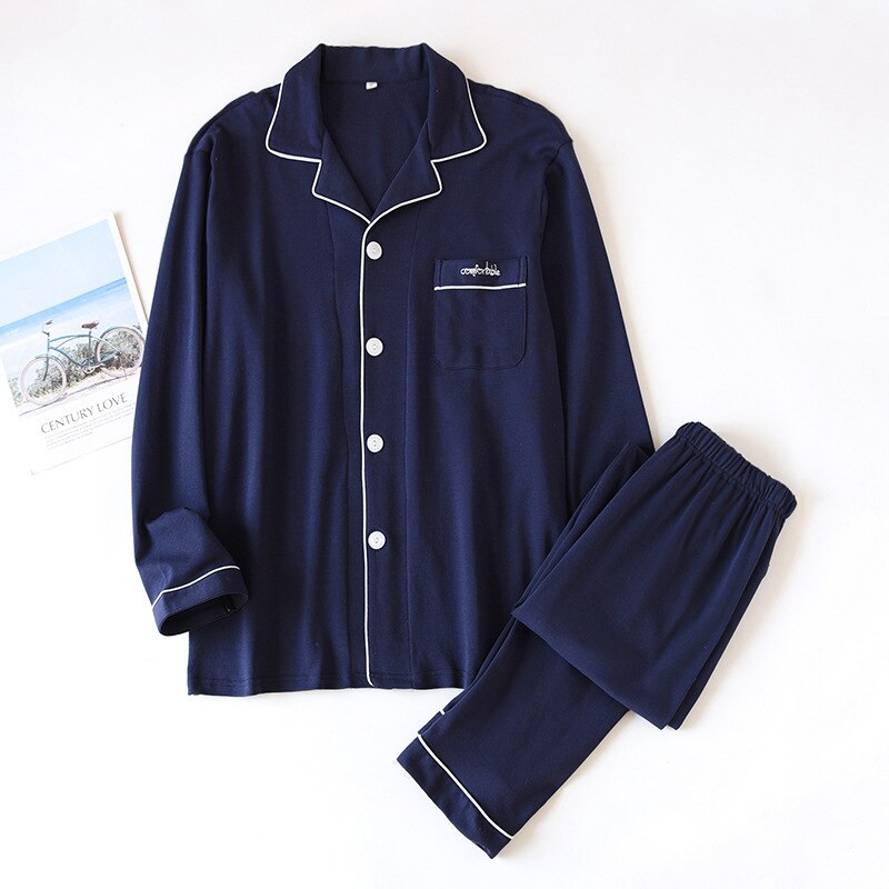 Pijama de algodón grueso para hombre, ropa de dormir de manga larga y pantalones largos, Color sólido, para primavera y otoño, para el hogar: Navy Set / L