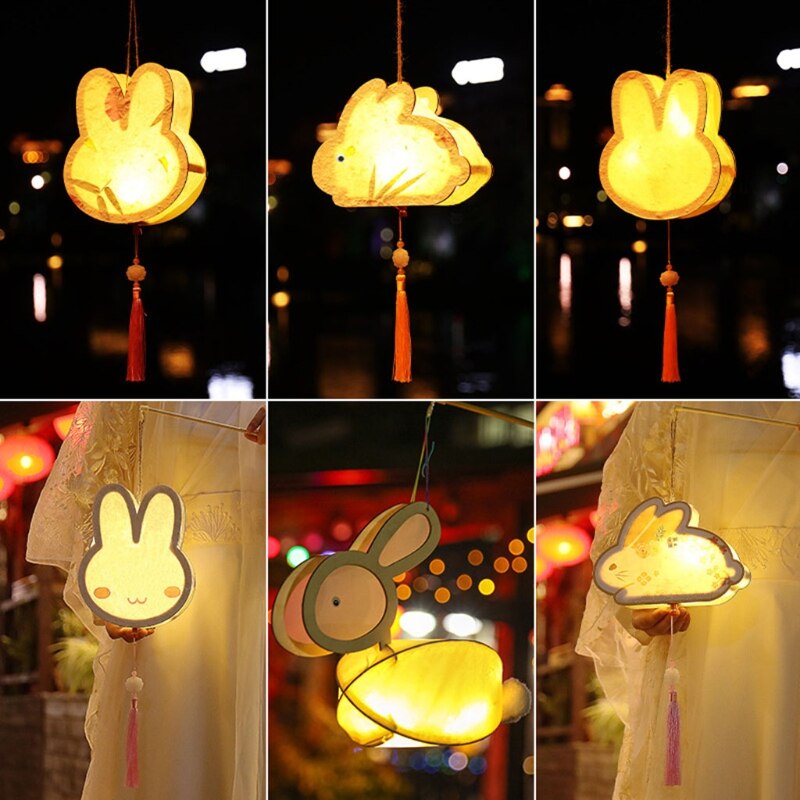 Mid-Autumn Festival DIY Handmade Wooden Rabbit Hanging Lantern with LED Light