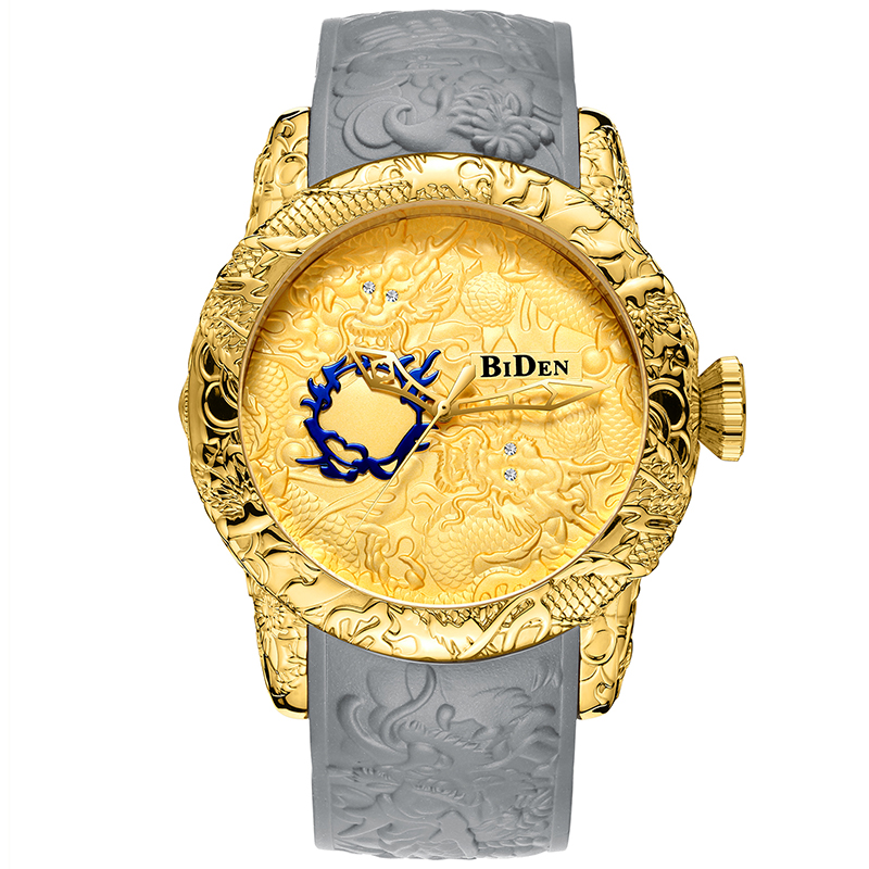 Reloj de cuarzo con escultura de dragón 3D para hombre, cronógrafo de oro negro, resistente al agua, esfera grande, , de pulsera, grabado en 3D: Embossed Sculpture