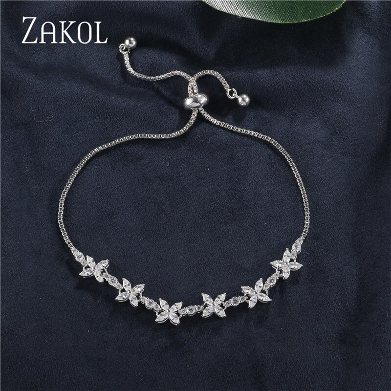 Zakol Vrouwen Wedding Party Cz Zirkoon Bloemen Chain Verstelbare Koord Armbanden FSBP3050