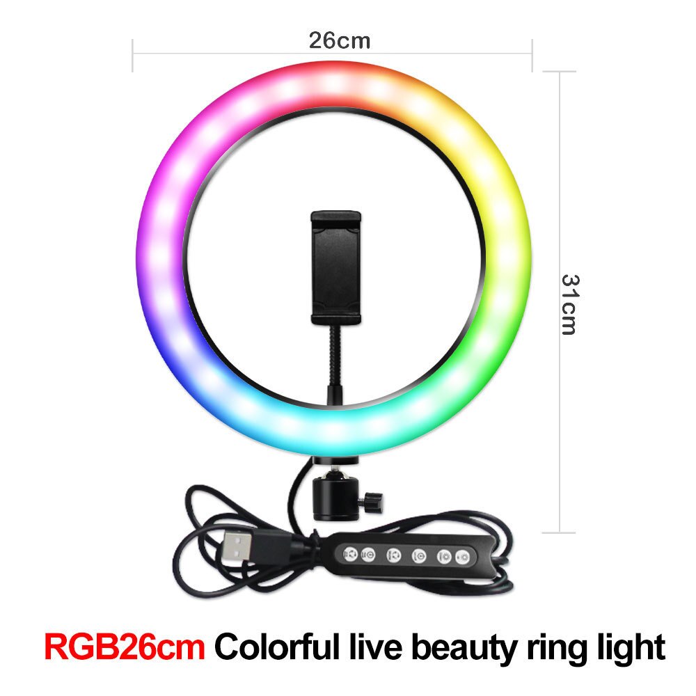 10 Inch Rgb Light Kleurrijke Usb Schoonheid Video Studio Foto Cirkel Lamp Dimbare Selfie Led Ring Licht Met Statief flash Led: 26cm RGB Light