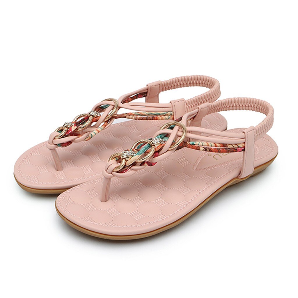 Sandalias De Mujer, Sandalias planas con cuentas bohemias para Mujer, Sandalias planas con cristales, Sandalias para Mujer, Verano De Cuero #3: Rosa / 10