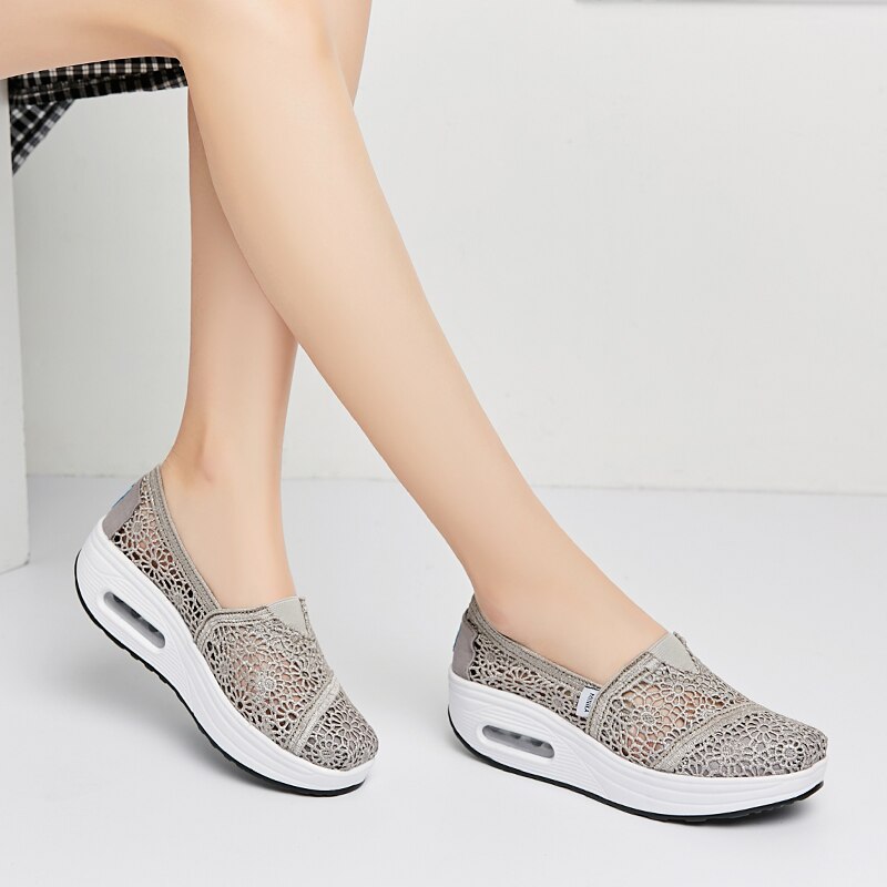 Summer Hollow Out Women's Fitness Shoes Platforms Slip On Breathable Mesh Cushioning Travel Walking Toning Shoes Wedges