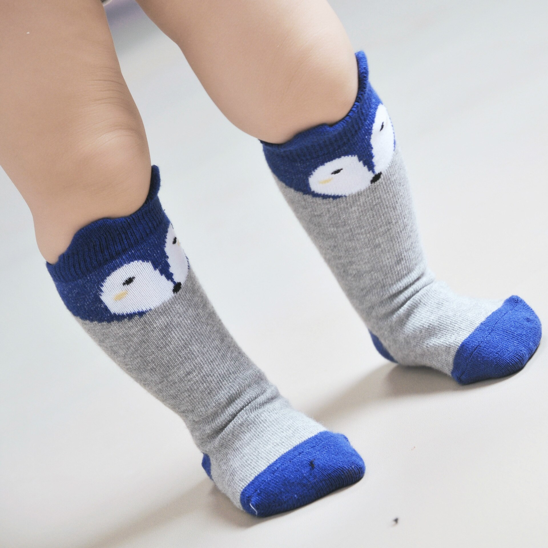 Calcetines para bebé con estampado de zorro y gato , nuevos calcetines largos hasta la rodilla de dibujos animados para bebé, calcetines de para niños y niñas Socks0-4: Blue fox / 0-2T