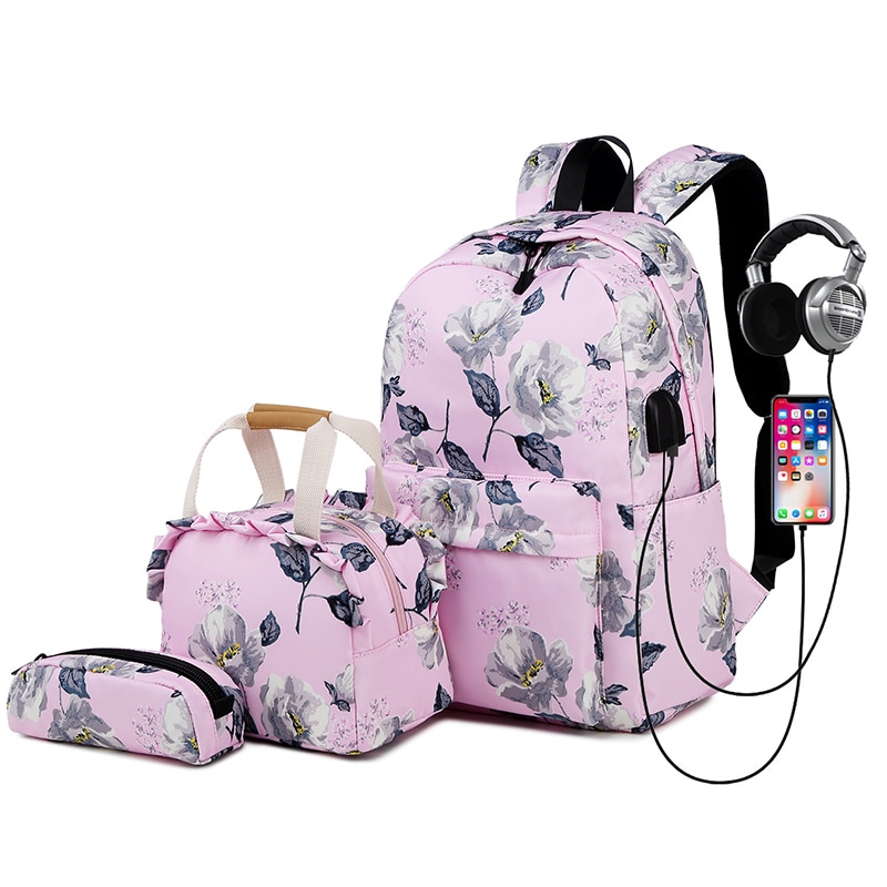 Børn teenagere rygsæk til skolepiger skole bogtasksæt 3 in 1 college laptop rygsæk vandtæt nylon rejse dagsæk