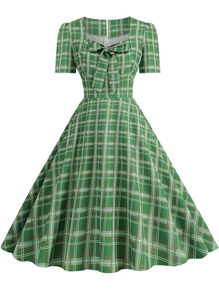 Grønne rutete swing festkjoler kvinner vintage firkantet krage korte ermer casual sommerkjole