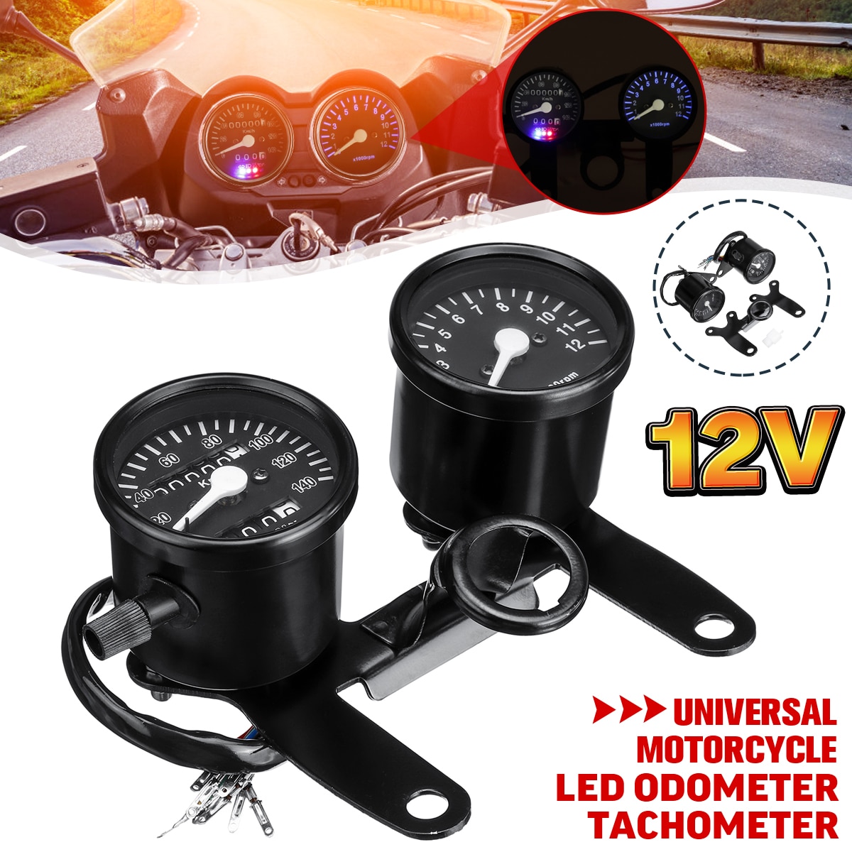 12V Motorfiets Dual Gauge 13000 Rpm Toerenteller Km/H Snelheidsmeter Kilometerteller Meters Met Led Backlight Signal Lights