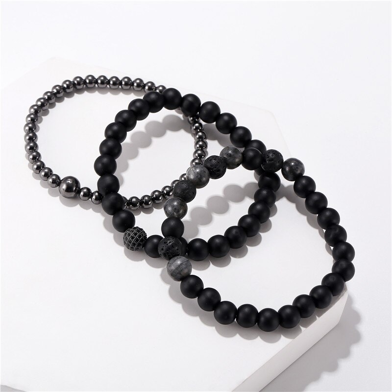 3Pcs/Set Handmade Beaded Bracelet For Men Jewelry Hematite Stone Women Men Elastic CZ Ball Bracelet Sets