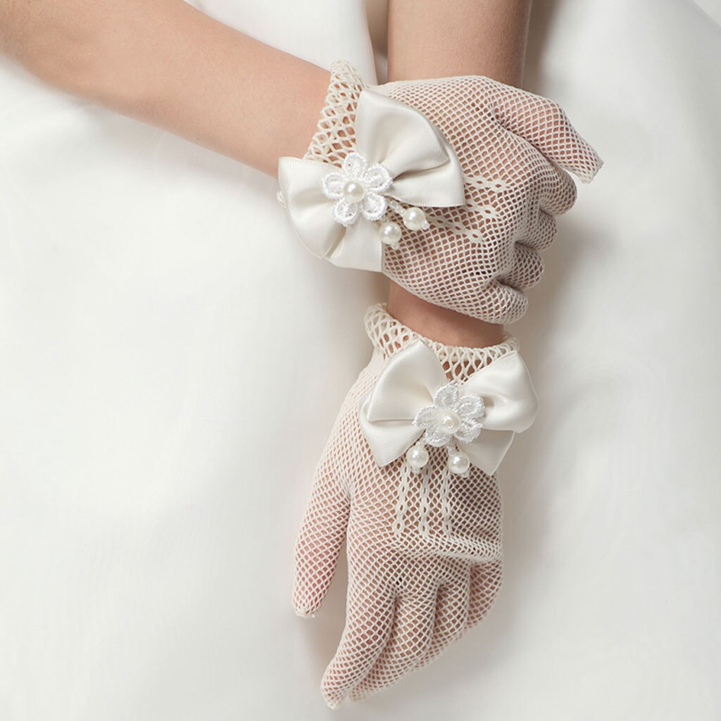 Blume Mädchen Satin- Bowknot Spitze Gittergewebe Handschuhe Brautjungfer Hochzeit Prom Bankett Tanzen Zeigen Elegante Princeness Acc