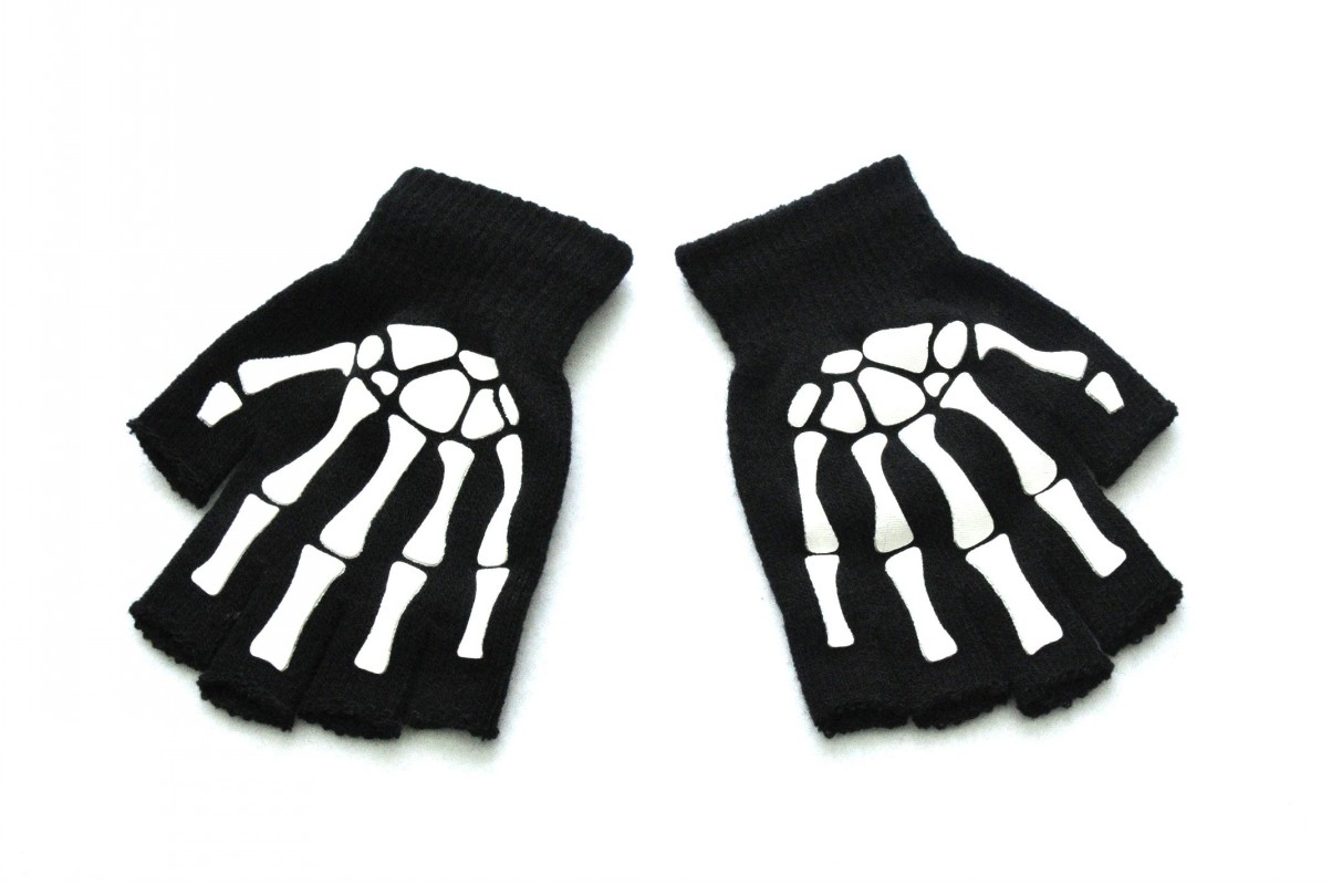 Luminous Skeleton Fingerless Gloves For Men Women Teens Skeleton Skull Cycling Hiking Winter Gloves Gothic Knitted Black Gloves: 01