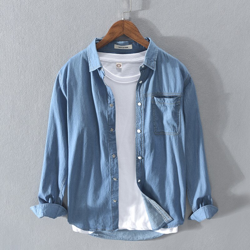 Wiosna jesień moda męska Solid Color z długim rękawem niebieska koszula dżinsowa męski Japan Style wysokiej jakości prosty Casual Slim Fit Top bawełniany: light blue / M