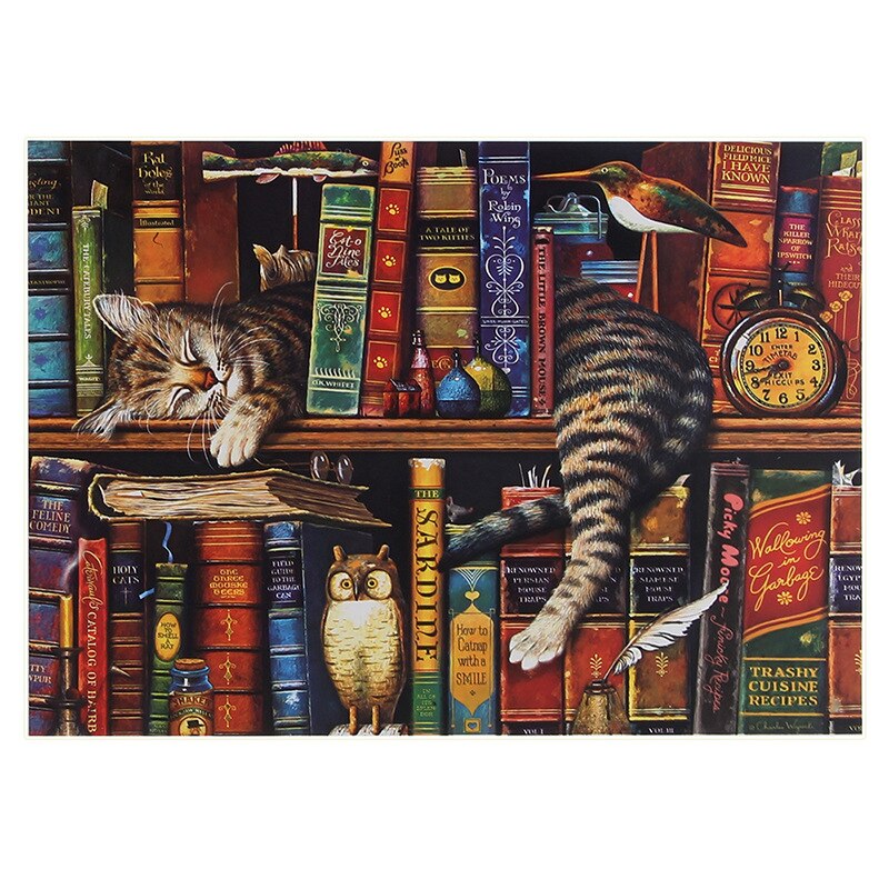 Lazy Cat Puzzle 1000 Pieces Jigsaws Puzzles Bookshelf Landscape Puzzles DIY Assembling Toy For Adults Kids Puzzles Games Toys: B No Box