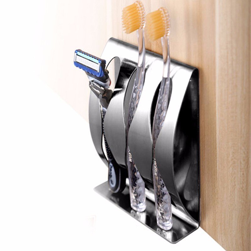 Stainless Steel Wall Mount Toothbrush Holder Cup Rack - Self-Adhesive Bathroom