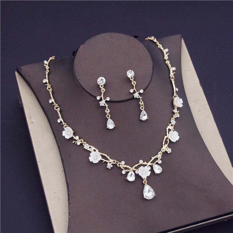 Barok Bloem Kristal Bruids Sieraden Sets Voor Vrouwen Luxe Strass Tiara Kroon Ketting Oorbellen Bruiloft Sieraden Set: Gold