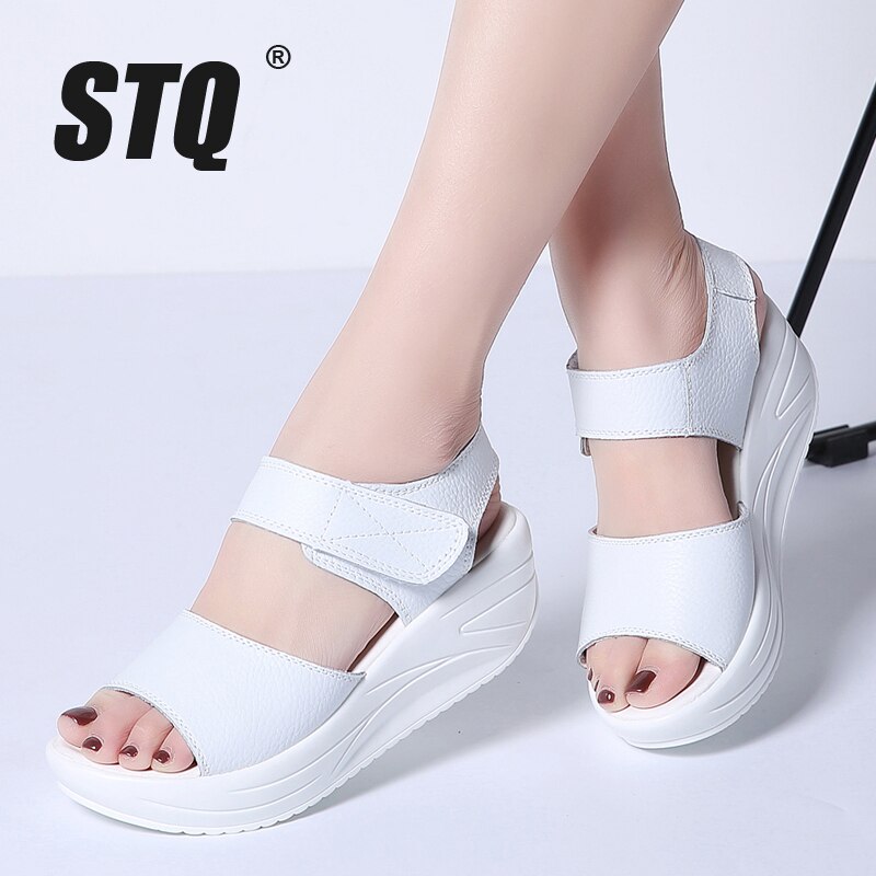 STQ Women Sandals Summer White Wedge Sandals Open Toe Platform Sandalias Ladies Gladiator Sandals Women 9018