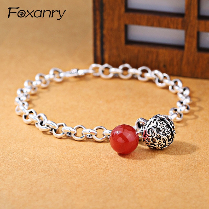 Foxanry 925 Sterling Silver Bell Bracelet Vintage Chain Bracelet Party Jewelry for Women Size 19mm Adjustable