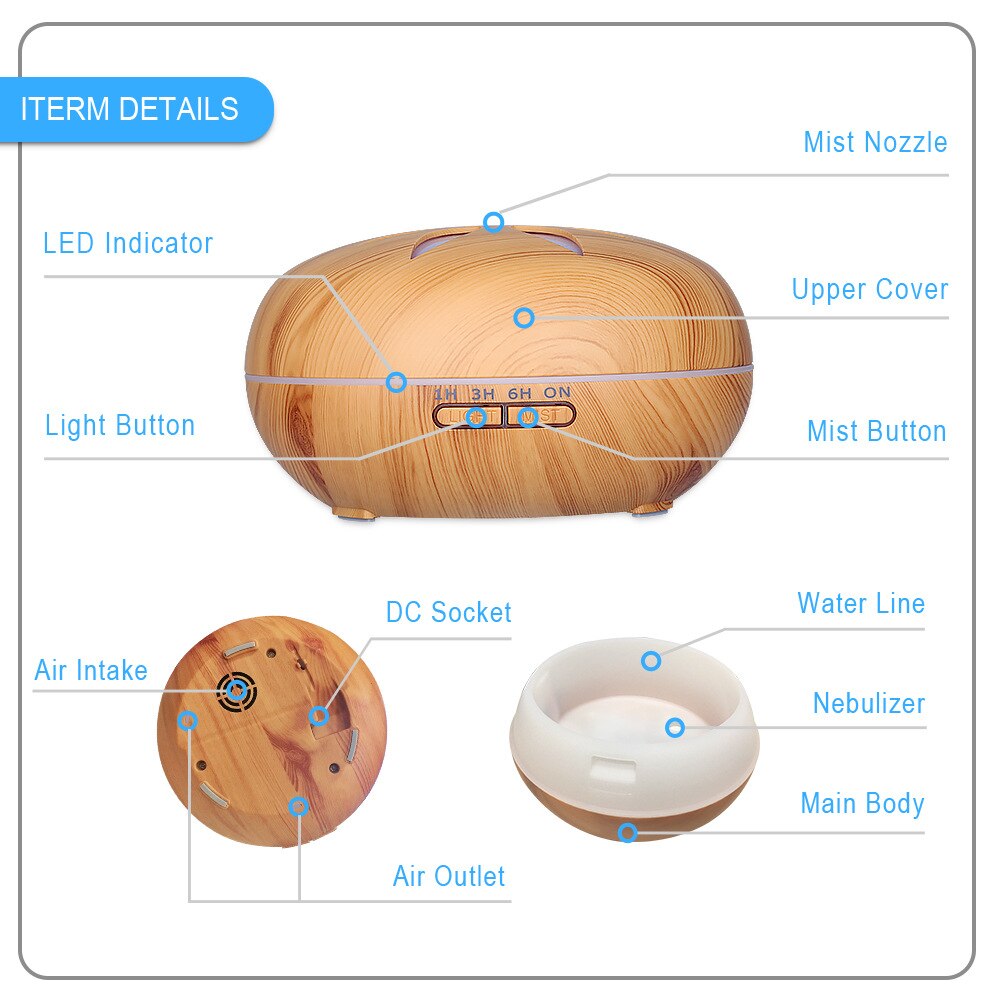 Essentiële Olie Diffuser Ultrasone Luchtbevochtiger Met Afstandsbediening Hout Aromatherapie Diffuser Led Licht Voor Thuis Umidificador