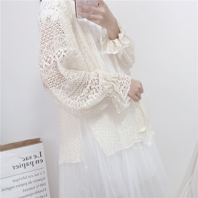 2020 mulheres verão estilo Coreano super fadas rendas lanterna manga solta de manga comprida mid-comprimento protetor solar cardigan