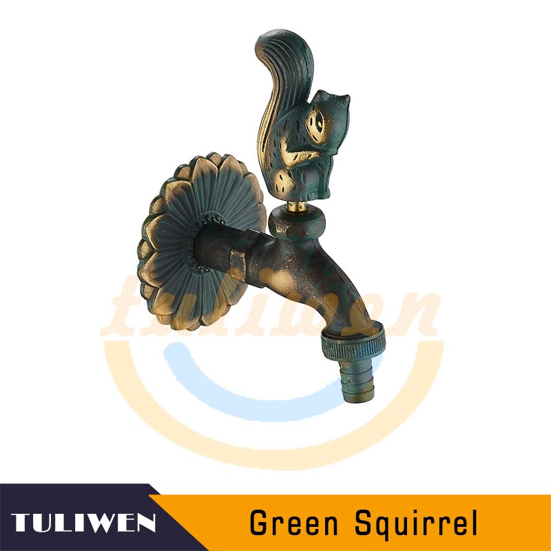 Decorative Antique Brass Garden Outdoor Faucet Cold Water Tap - With a Set of Brass Quick Connecter for 1/2&quot; Inches Hose: Squirrel-Green