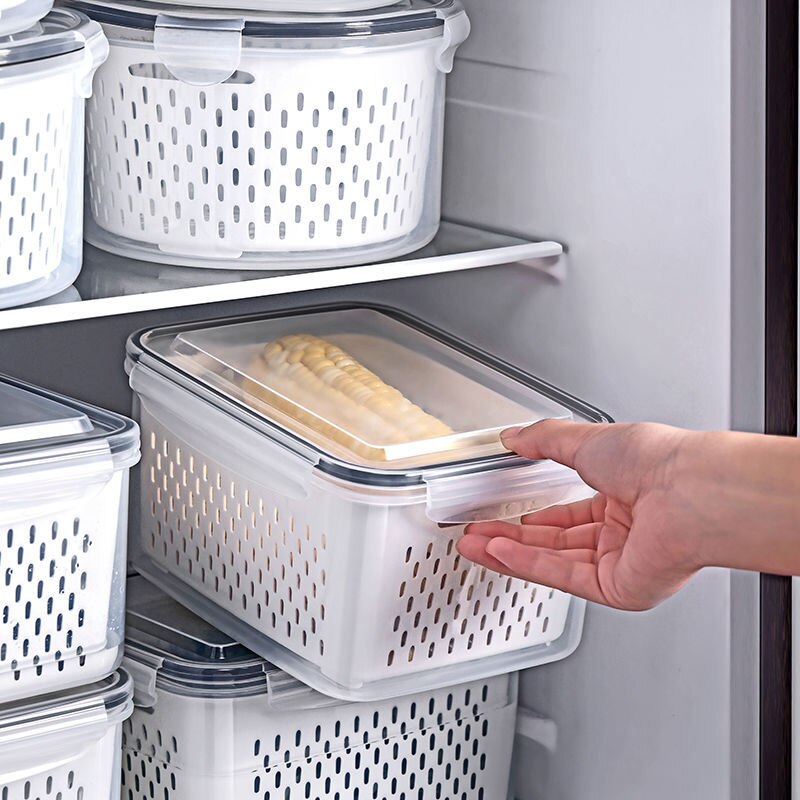 3PCS Kitchen Storage Basket Container Refrigerator Storage Box Fridge Fresh Kitchen Organizer Vegetable Fruit Boxes Drain Basket