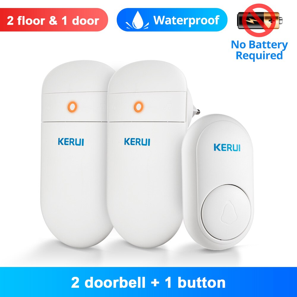 KERUI Wireless Doorbell Self Power Generation Home Welcome Chimes DoorBell Smart Mute Mode 52 Songs LED Light No Need Battery: Green / US plug