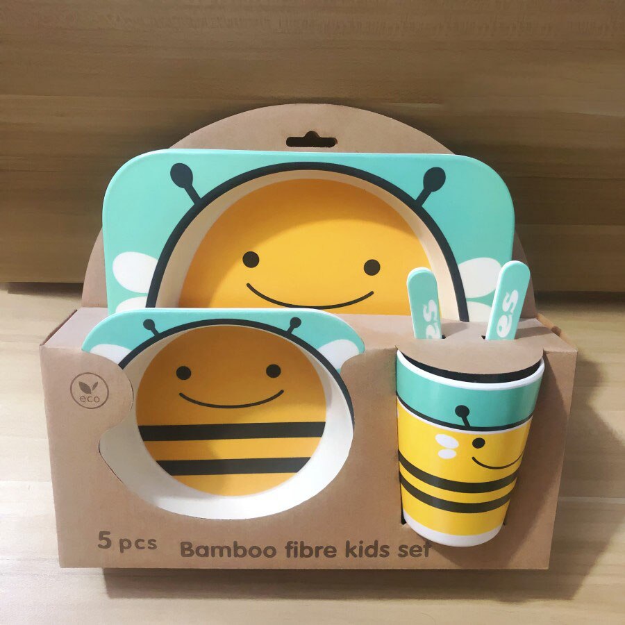 5pcs/set Baby Dish Tableware Children Cartoon Feeding Dishes Kids Natural Bamboo Fiber Dinnerware With Bowl Fork Cup Spoon Plate