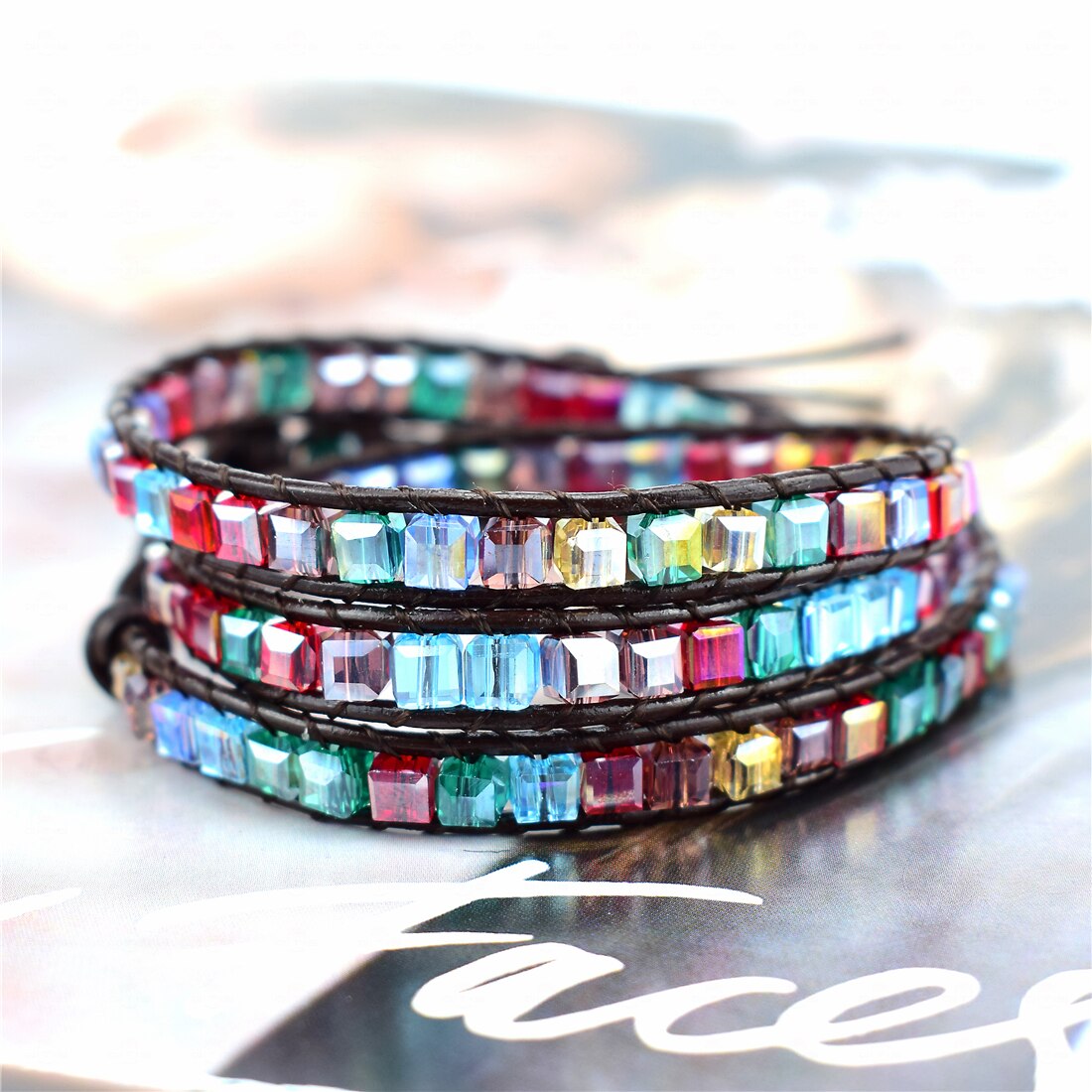 Rainbow Crystal Beads Weaving Handmade Friendship Bracelet Crystal Boho Couple 1 2 3 Wrap Bracelet 7 Chakras Jewelry: Coffee leather 3wrap