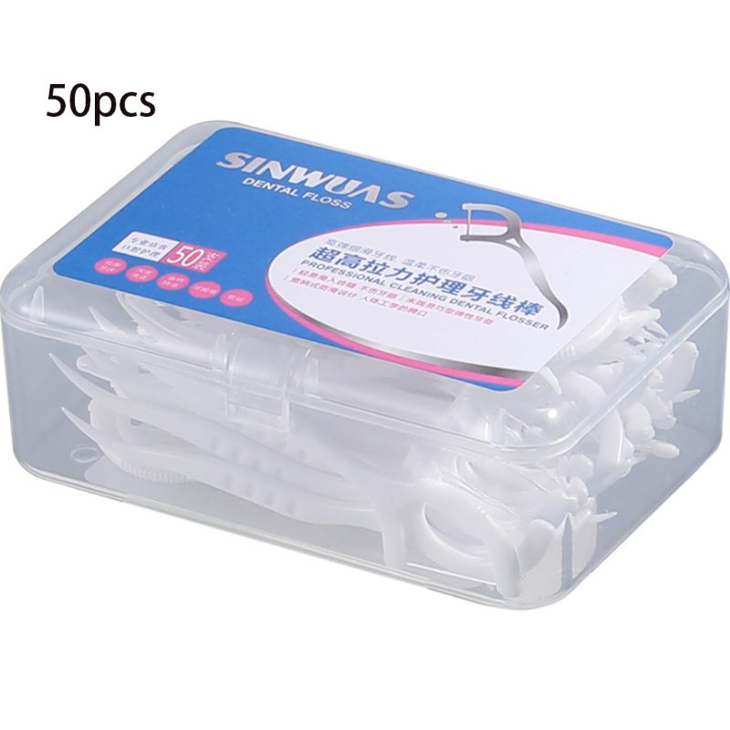 50 unids/caja desechables superfino de hilo Dental con forma de arco diente limpio palillo de dientes higiene Oral herramienta con Estuche portátil: Default Title