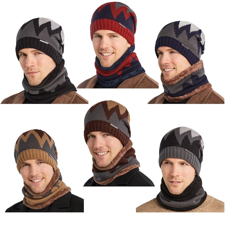 2Pcs Men Winter Flame Pattern Knitted Beanie Hat Circle Scarf Set Outdoor Cycling Windproof Thicken Plush Lined Skull Cap H05D
