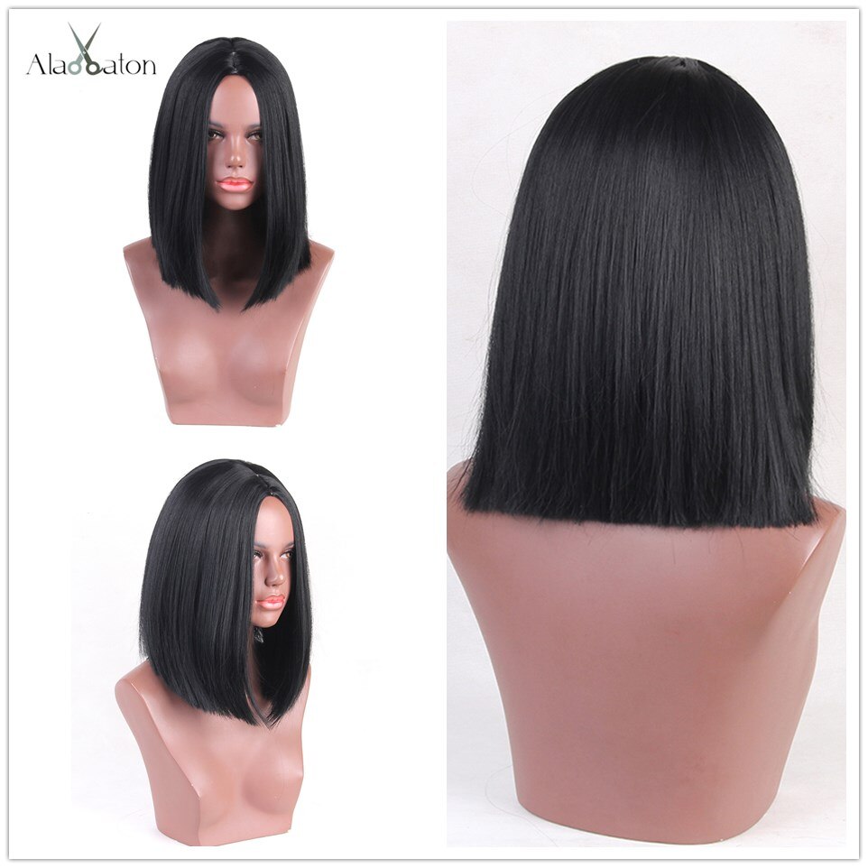 ALAN EATON Medium Bob Straight Hair Wig with Bangs Black Brown Synthetic Wigs with Highlights for Women African American Cosplay