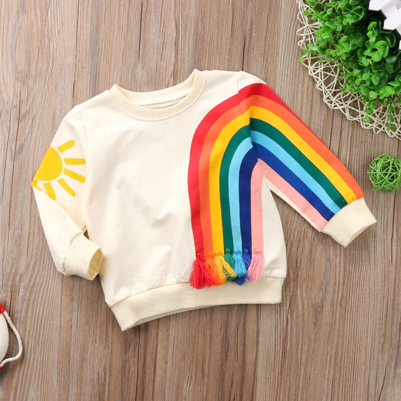 Regnbue sol print baby piger børn regnbue t-shirt tøj bluse sweater sweatshirt cardigan langærmet bomuldstøj