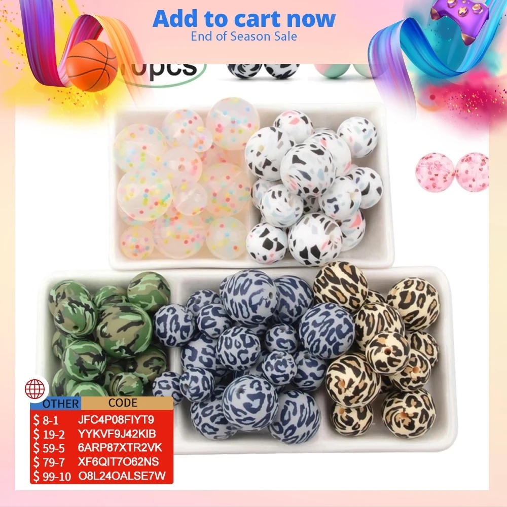 Perles de dentition en silicone, de 12/15/19mm pour bébé, ensemble de 10 pièces pour bricolage, boules imprimées à motifs dalmatien, couleurs bariolées et léopard sans BPA, pince de tétine gratuite à fabriquer