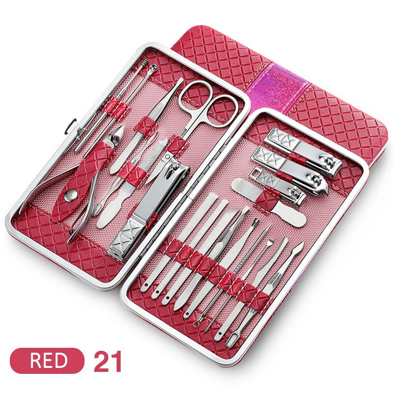18/21 stuks roestvrijstalen manicureset, nagelknipperset, pedicureverzorgingsgereedschap, verzorgingsgereedschap met pu-leren etui: 21 stuks - rood