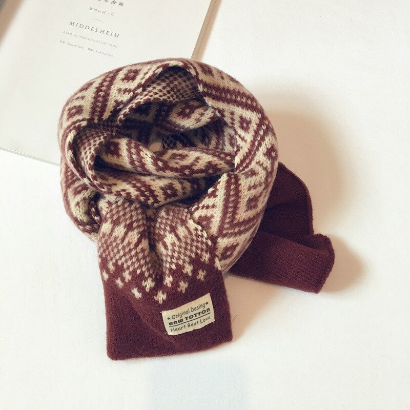 Höst vinter barn scarfs för flickor pojkar retro geometriskt mönster ull stickad baby scarf varm sjal barn halsdukar: Vinröd / Polyester