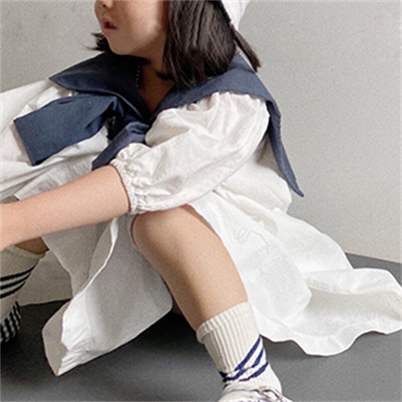 1885C 2022 Zomer Bigbowtie Jurk Marine Stijl Prinses Shortsleeve Jurk Kinderen Meisjes Jurken: WHITE / 80cm for 1Y