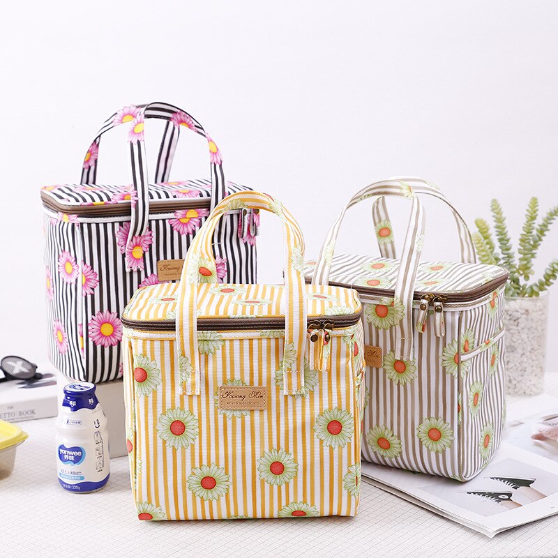 Bolsa de almuerzo portátil con dibujos animados para niños y mujeres, bolso enfriador de bento, bolsa térmica de flores para desayuno, caja de comida, bolso de viaje para picnic