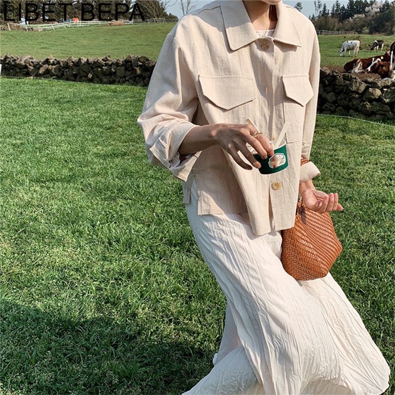Summer Fall Women Jacket Casual Pockets Cargo Oversize Cotton and Linen Wild Outerwear Split Buttons Short Tops JK8571
