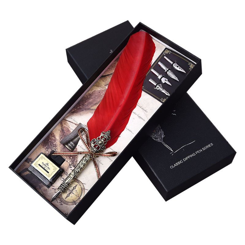 Vintage Handmade Feather Quill Dip Fountain Pen with Ink Nibs English Calligraphy Writing Stationery Wedding 090F