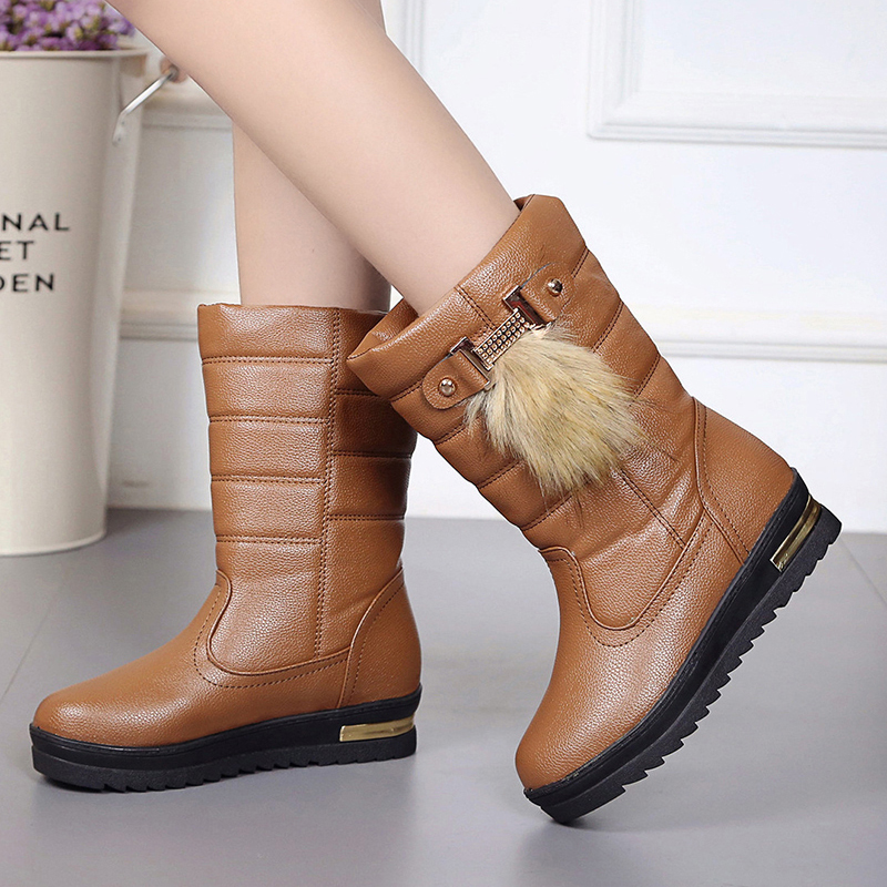 Damskie buty zimowe, damskie wysokie buty, zdobione cyrkoniami, ciepłe futrzane skórzane buty robić połowy łydki, damskie buty na platformie