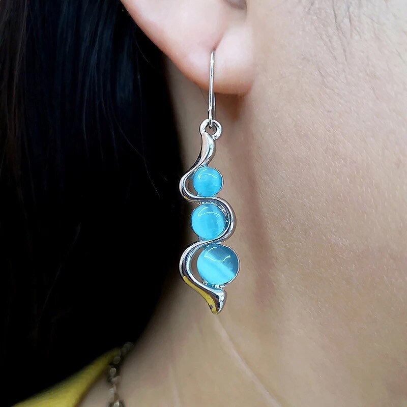 Retro Blue Opal Earrings Female Long Jewelry Bohemian Curve Beaded Earrings Resin Stone Earrings Jewelry