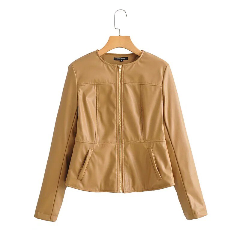 Chaqueta de retales de Pu para mujer, abrigo de manga larga con cuello redondo y cremallera, chaqueta ajustada lisa, informal,: L