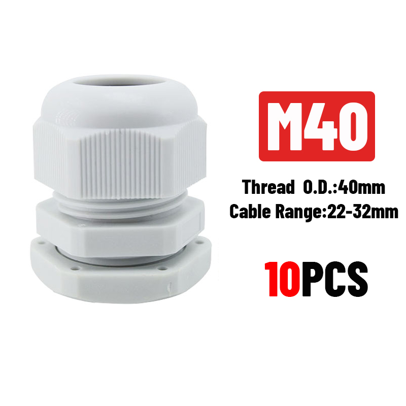 White 10pcs IP68 M12 for 3-6.5mm PG7 M16 M18 M20 M25 M36 M40 M63 Wire Cable CE Waterproof Nylon Plastic Cable Gland Connector: M40x1.5