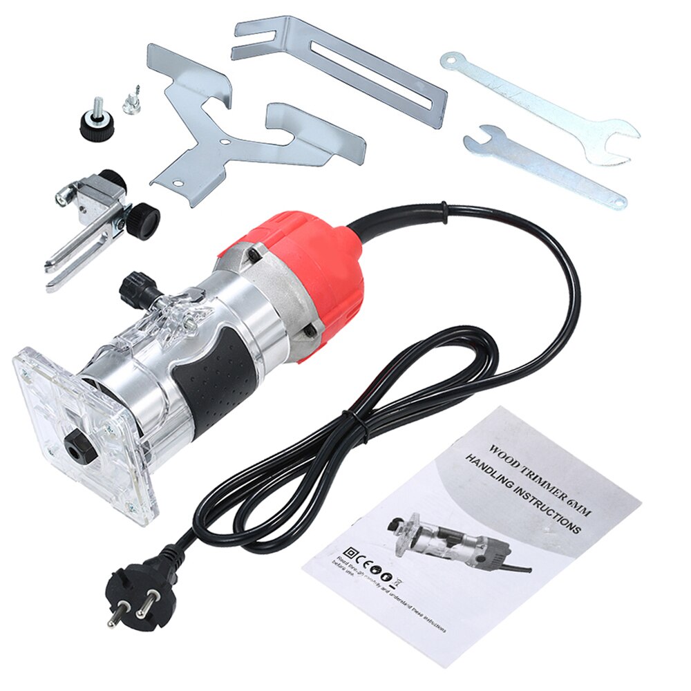 800W Woodworking Electric Trimmer Wood Milling with Base Edge Guide Laminate Electric Trimmer 30000r/min Compact Palm Router: EU Red Set