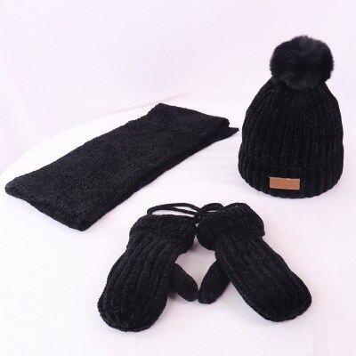Børn vinter tredelt sæt varm plus fløjlhandske + hat + strikket tørklæde børn ensfarvet tilbehør til koldt vejr: C