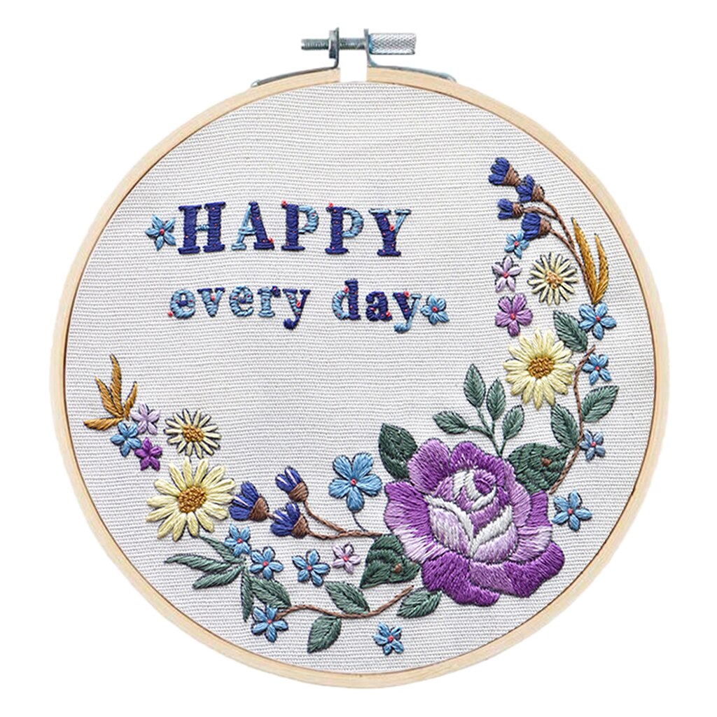 Embroidery Kit (Flowers Happy Every Day) DIY Embroidery Hoop Cross Stitch