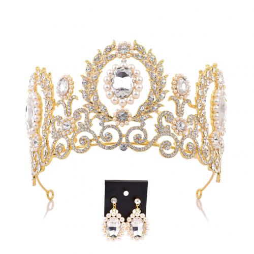 Barroco feminino strass falso pérola coroa tiara brincos conjunto de jóias de casamento: Golden White